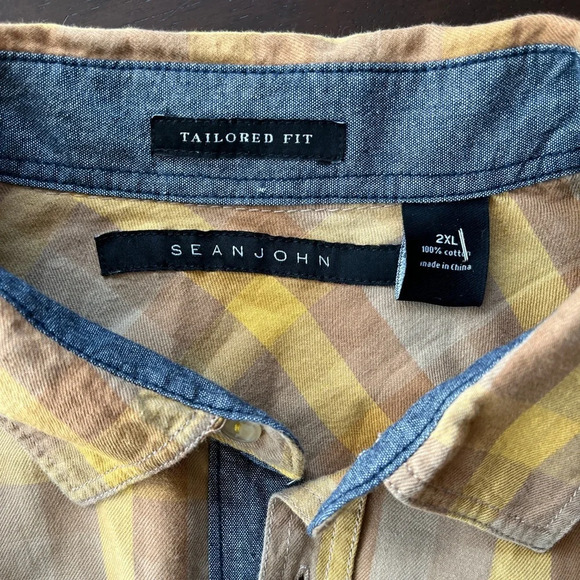 Sean John Mens Button Down Long Sleeve Shirt Yellow And Brown Plaid Size 2XL - Picture 3 of 8